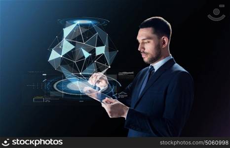 business, network, people and modern technology concept - businessman in suit working with transparent tablet pc computer and low poly shape projection over black background. businessman in suit with transparent tablet pc
