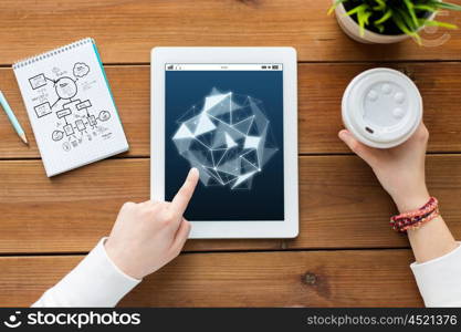 business, network, technology and people concept - close up of woman with low poly shape on tablet pc computer screen, notebook and coffee on wooden table