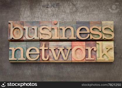 business network - text in vintage letterpress wood type on a grunge metal background