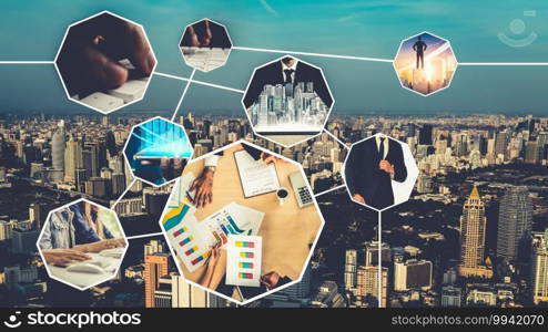 Business network web banner photo set in concept of management and growth by using corporate teamwork and people networking skills .. Business network web banner photo set in concept of management and growth