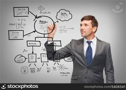 business, new technology and office concept - attractive buisnessman or teacher with marker drawing plan