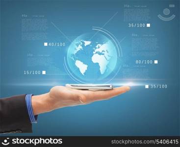 business, new technology and office concept - closeup of man hand with smartphone and virtual sphere globe