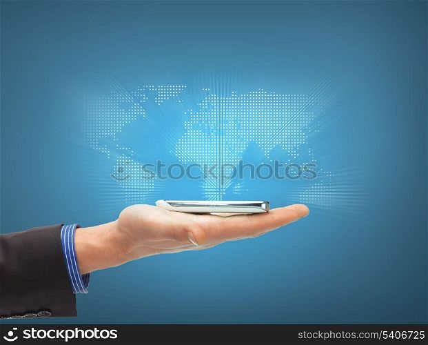 business, new technology and office concept - closeup of man hand with smartphone and virtual world map