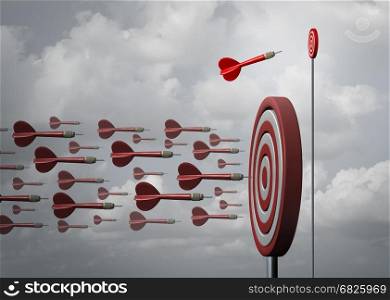 Business niche market and specializing in a smaller opportunity as an individual dart going a different way as a metaphor for strategic planning as a 3D illustration.