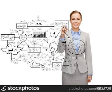 business, office and advertising concept - smiling businesswoman writing big plan on virtual screen