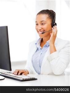 business, office and communication concept - african female helpline operator with headphones