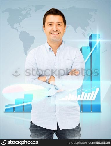 business, office and finance concept - handsome smiling man in casual shirt