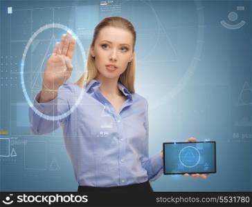 business, office and future technology concept - smiling woman working with tablet pc