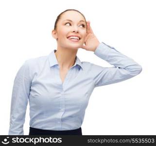 business, office and gossip concept - smiling businesswoman listening gossig