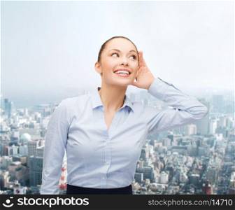 business, office and gossip concept - smiling businesswoman listening gossig outdoors
