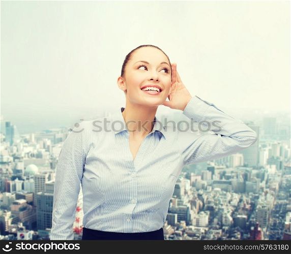 business, office and gossip concept - smiling businesswoman listening gossig outdoors