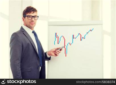 business, office and money concept - businessman pointing to forex chart on flip board in office