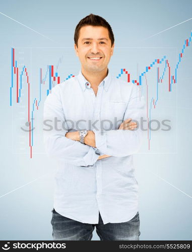 business, office and money concept - handsome smiling man in casual shirt