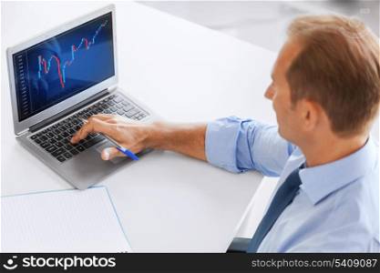 business, office and money concept - smiling businessman working with forex chart in office