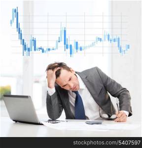 business, office and money concept - stressed businessman in black eyelgasses with laptop computer, papers, calculator and forex chart
