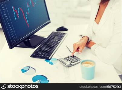 business, office and money concept - woman hand with calculator, papers, monitor and forex chart on screen