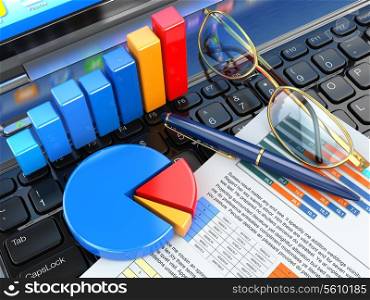 Business office concept. Graph and charts on laptop keyboard. 3d