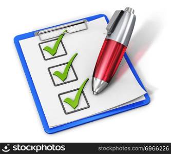 Business office corporate service concept: checklist with green checkmarks on clipboard and red ballpoint pen isolated on white background