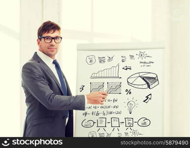 business, office, economics and finances concept - businessman pointing to flip board in office