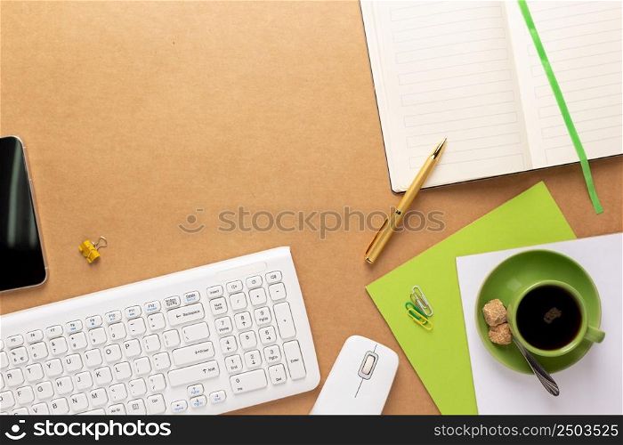 Business office flat lay concept. Computer keyboard and mouse on table background