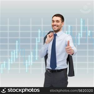business, office, gesture and people concept - smiling young and handsome businessman showing thumbs up over forex chart background