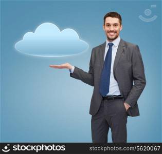 business, office, interface and people concept - smiling businessman holding cloud icon on palm of his hand