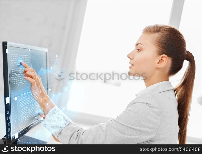 business, office, money and new technology concept - smiling businesswoman with touchscreen in office