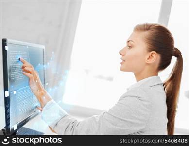 business, office, money and new technology concept - smiling businesswoman with touchscreen in office