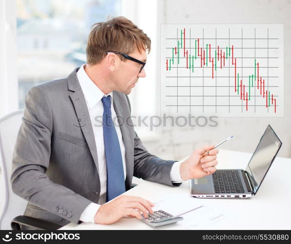 business, office, school and education concept - businessman with laptop computer, papers and calculator