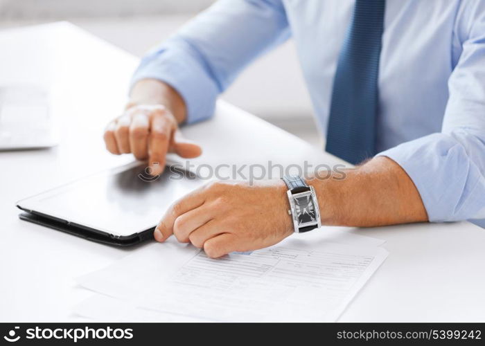 business, office, school and education concept - businessman with tablet pc in office