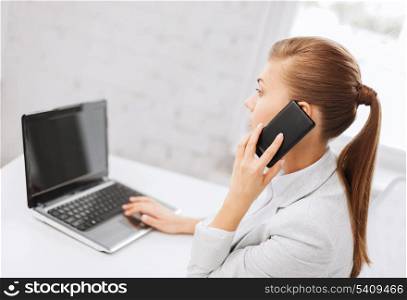 business, office, school and education concept - businesswoman with smartphone in office