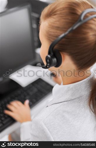 business, office, school and education concept - female helpline operator with headphones