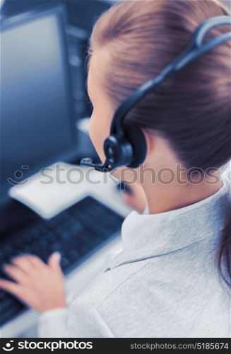 business, office, school and education concept - female helpline operator with headphones. female helpline operator