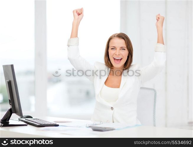 business, office, school and education concept - happy businesswoman with computer, papers and calculator in office