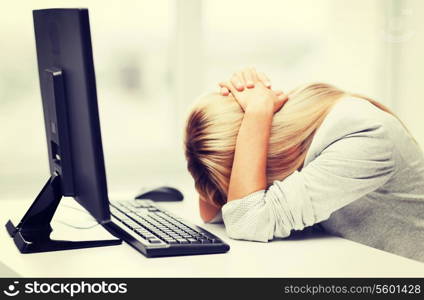 business, office, school and education concept - stressed businesswoman with computer at work