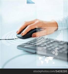 business, office, school and education concept - woman hands with keyboard and mouse