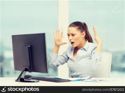 business, office, school, problem, crisis, stress and education concept - stressed businesswoman with computer and documents at work