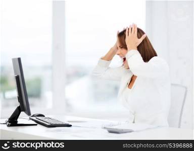 business, office, school, problem, crisis, stress and education concept - stressed businesswoman with computer at work