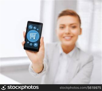 business, office, technology and education concept - close up of businesswoman or student showing icon of shopping cart on smartphone screen