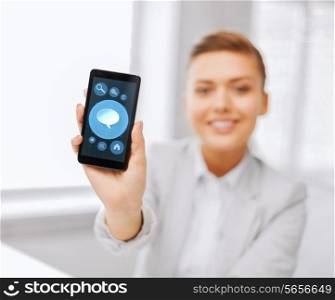 business, office, technology and education concept - close up of businesswoman or student showing bubble icon on smartphone screen