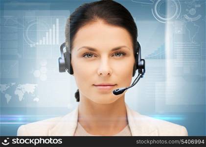 business, office, technology, future concept - friendly female helpline operator