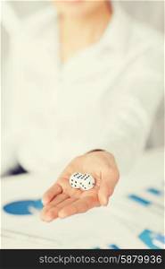 business, office, winning, gambling concept - woman hands with gambling dices showing double six