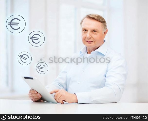 business, oldness, online banking, internet shopping and oldness concept - smiling old man with tablet pc at home
