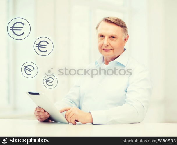 business, oldness, online banking, internet shopping and oldness concept - smiling old man with tablet pc at home