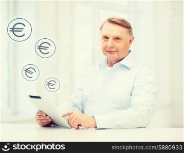 business, oldness, online banking, internet shopping and oldness concept - smiling old man with tablet pc at home