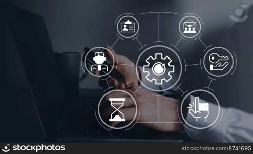Business optimization closeup concept image with white glyph icons. Side view photo of woman with devices in office on background. Picture for web banner, infographics, blog, news and article. Business optimization closeup concept image with white glyph icons