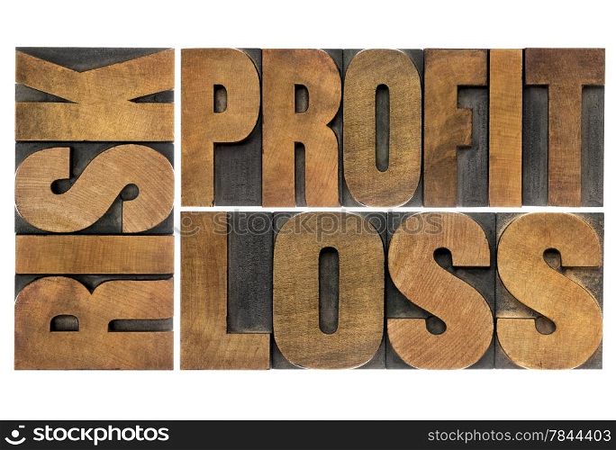 business or investment concept - risk, profit, loss - isolated word abstract in vintage letterpress wood type