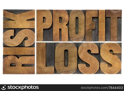 business or investment concept - risk, profit, loss - isolated word abstract in vintage letterpress wood type