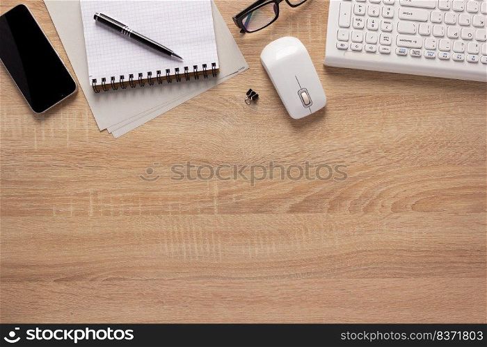 Business or student workplace and stationary supplies at desk table background. Study learning concept idea