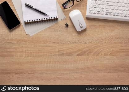 Business or student workplace and stationary supplies at desk table background. Study learning concept idea